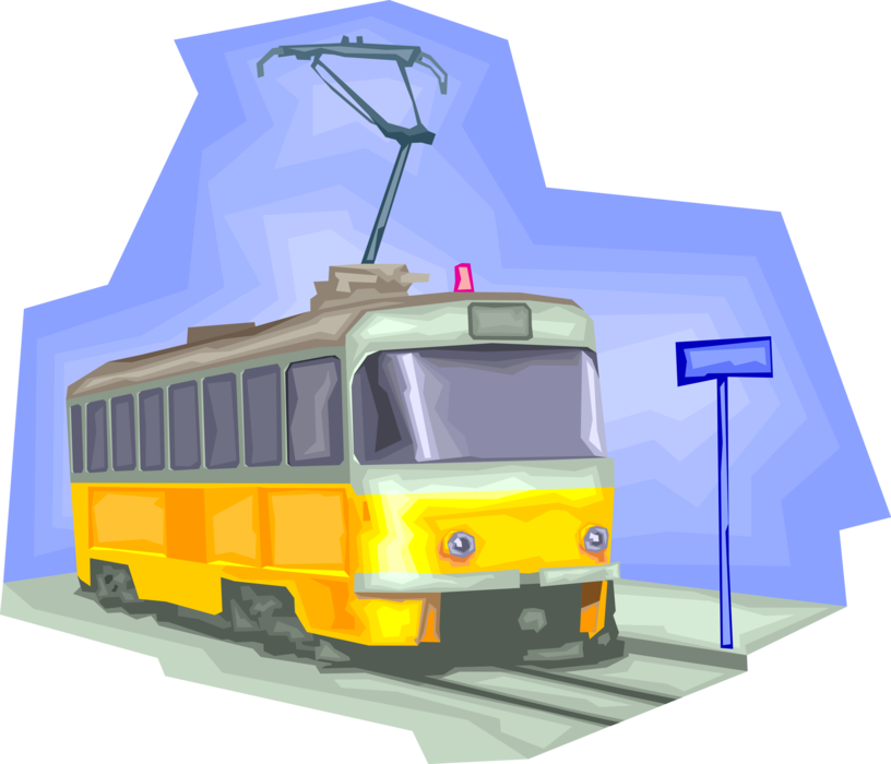 Vector Illustration of Electric Streetcar Tram Trolley Runs on Tracks Along Public Urban Streets