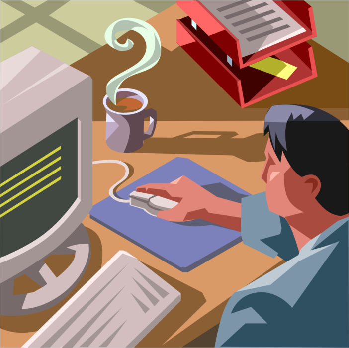 Vector Illustration of Businessman Working at Desktop Browsing the Internet