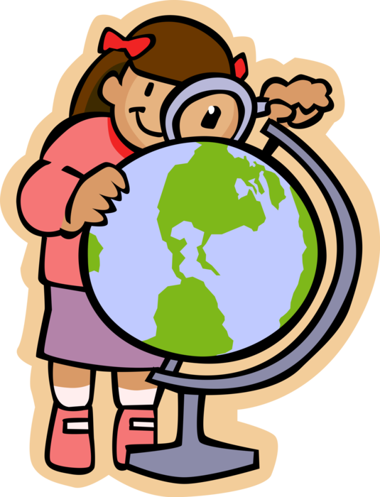 Vector Illustration of Primary or Elementary School Student Girl with Magnifying Glass and World Globe