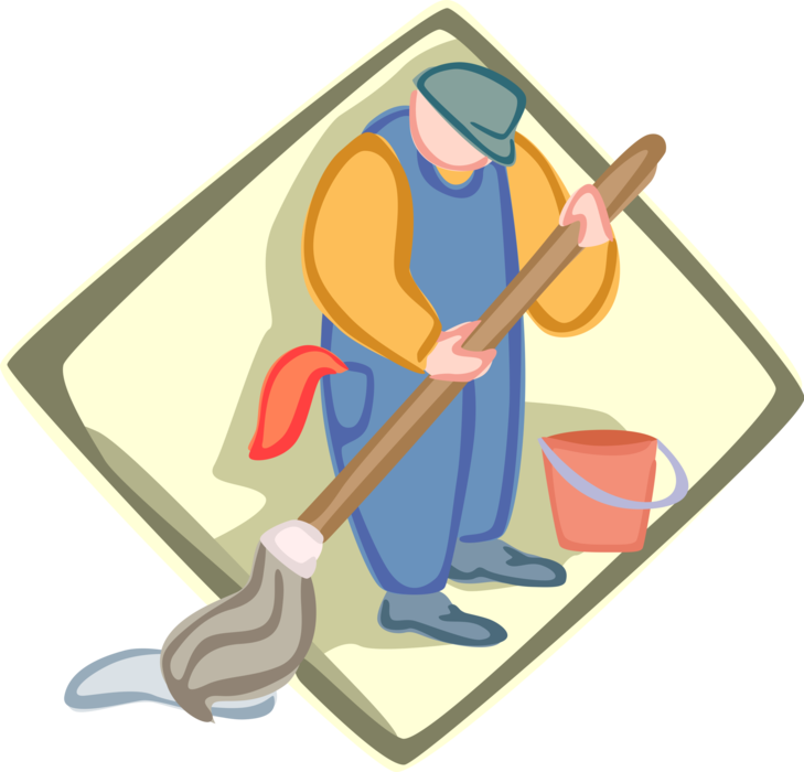 Vector Illustration of School Janitor Custodian with Mop and Pail Cleans the Floor