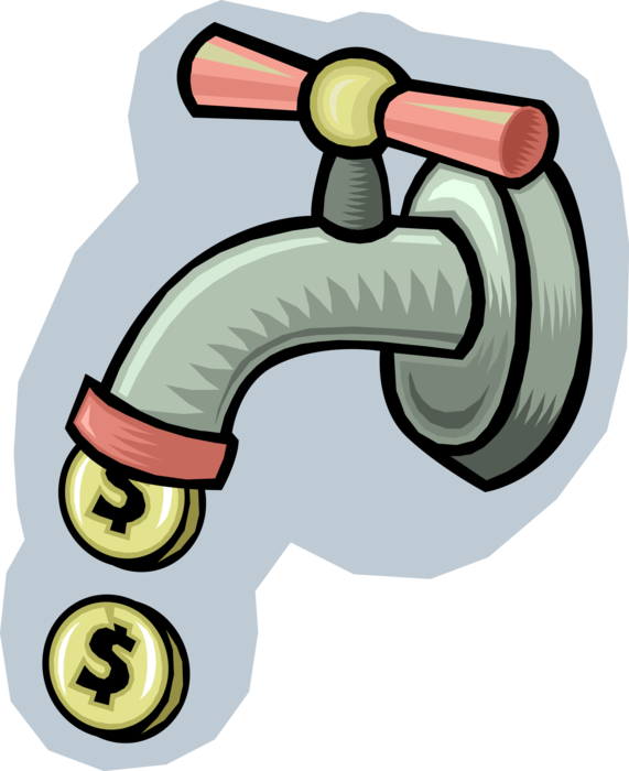 Vector Illustration of Water Tap Faucet Spigot Dripping Coins Leaking Money