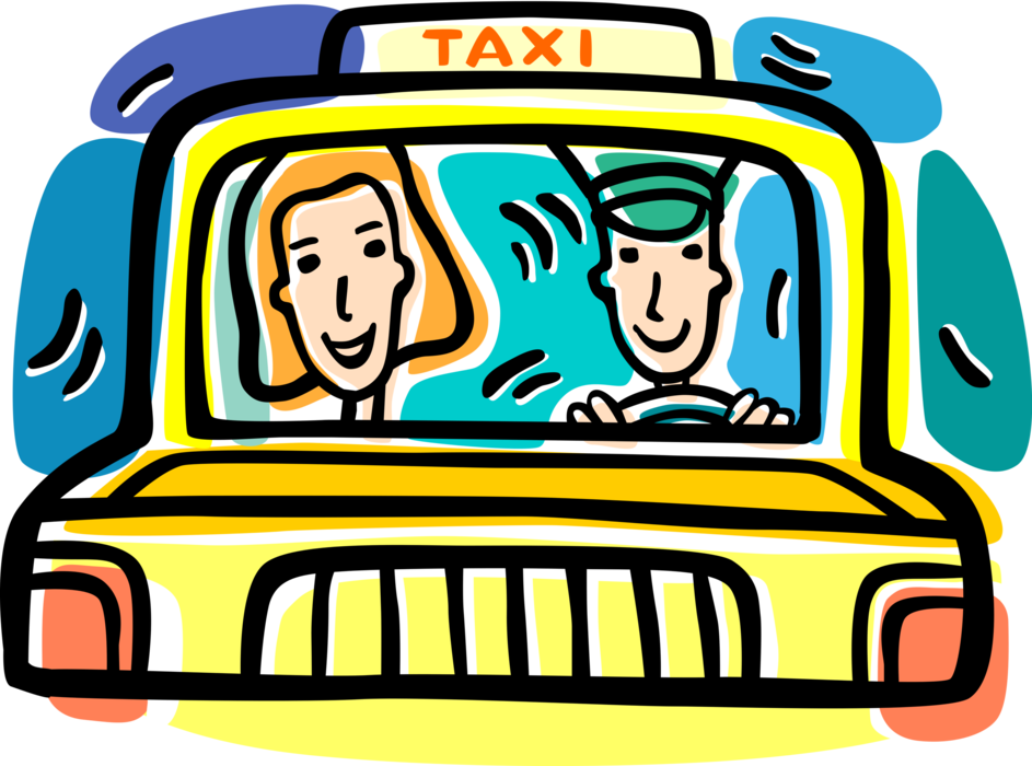 Vector Illustration of Fare Paying Passenger in Taxicab Taxi or Cab Vehicle for Hire Automobile Motor Car