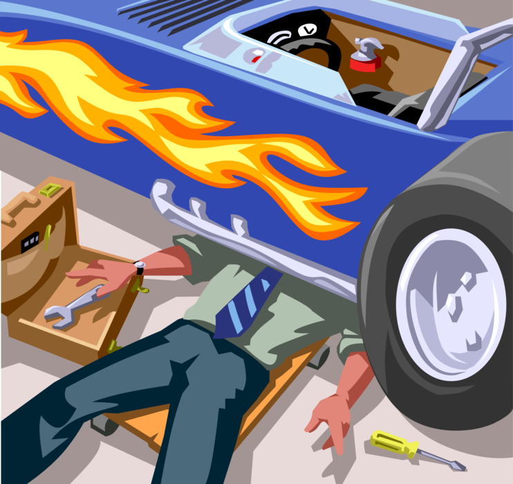 Vector Illustration of Businessman Automobile Mechanic Works Under Dragster Drag Racing Car