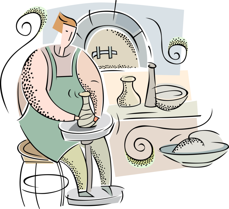 Vector Illustration of Potter Turns Clay Vase Pottery on Potter's Wheel