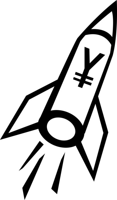 Vector Illustration of Financial Concept Rocketship Spaceship Blasts Off with Japanese Yen Currency Symbol