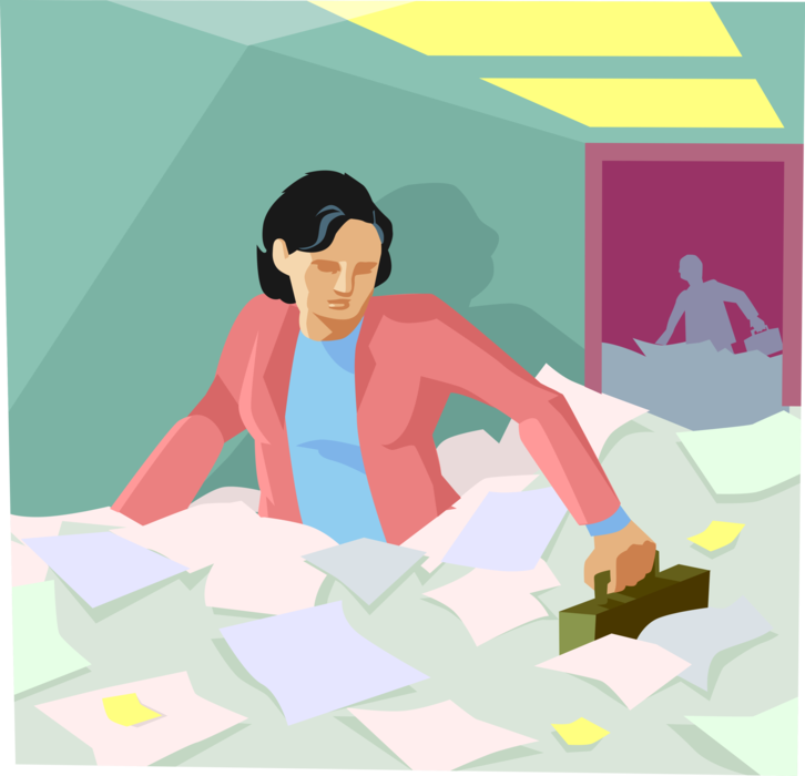 Vector Illustration of Businesswoman Wading Through Office Paperwork