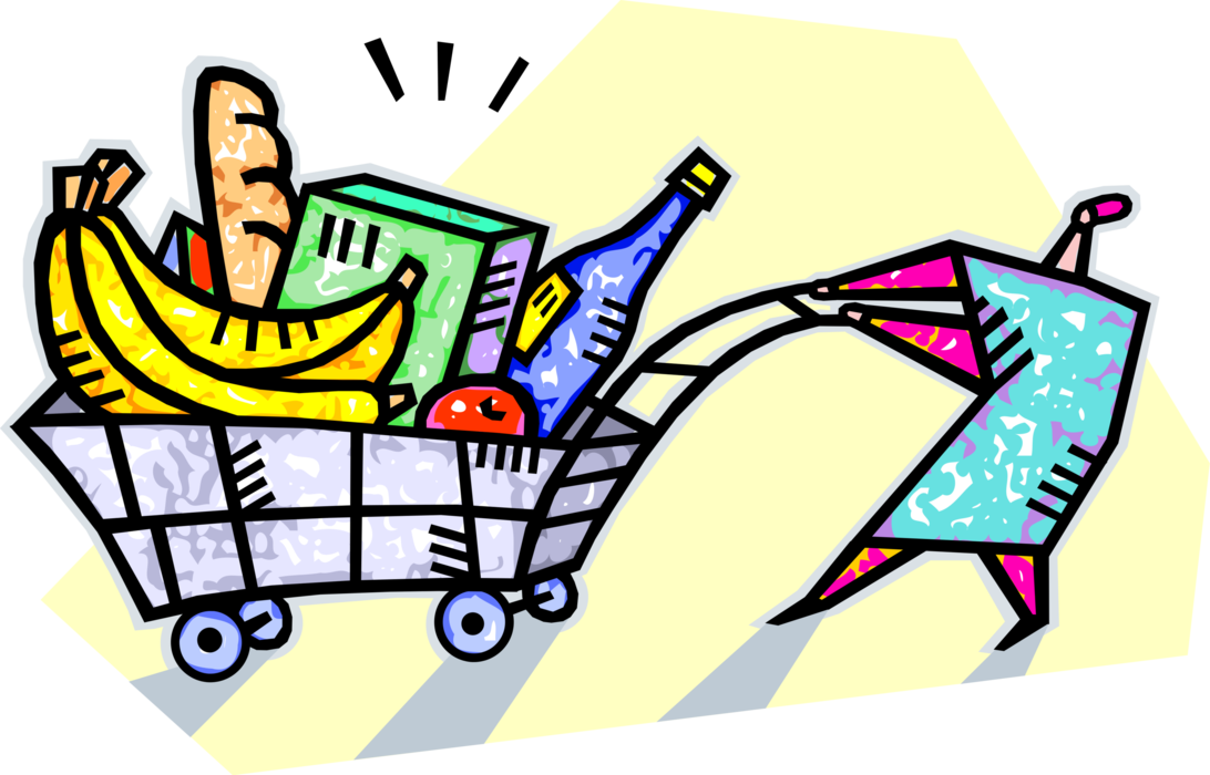 Vector Illustration of Supermarket Grocery Shopping for Food with Shopper and Cart