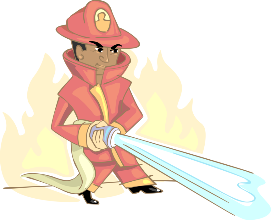 Vector Illustration of Firefighter Fireman Fighting Fire with Water Hose