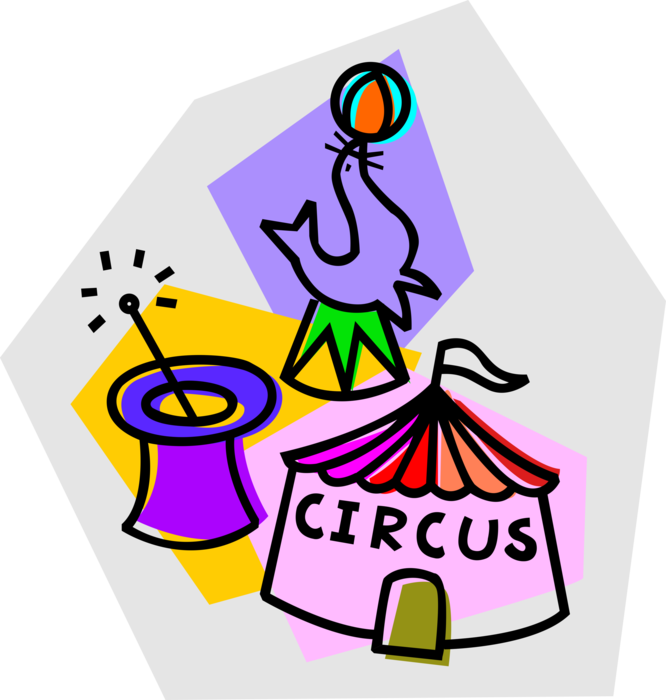 Vector Illustration of Big Top Circus Tent with Trained Seal and Magic Act Magician's Hat