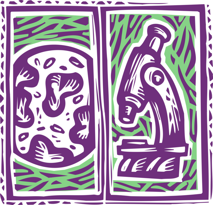 Vector Illustration of Laboratory Microscope and Amoeba Cell Organism Cells