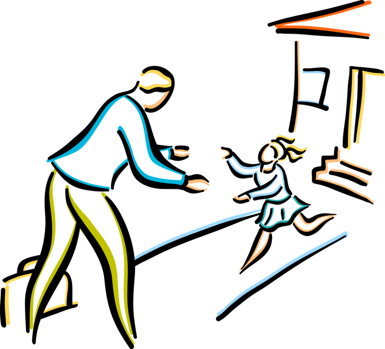 Vector Illustration of Businessman Father Returns Home Greets Daughter Child