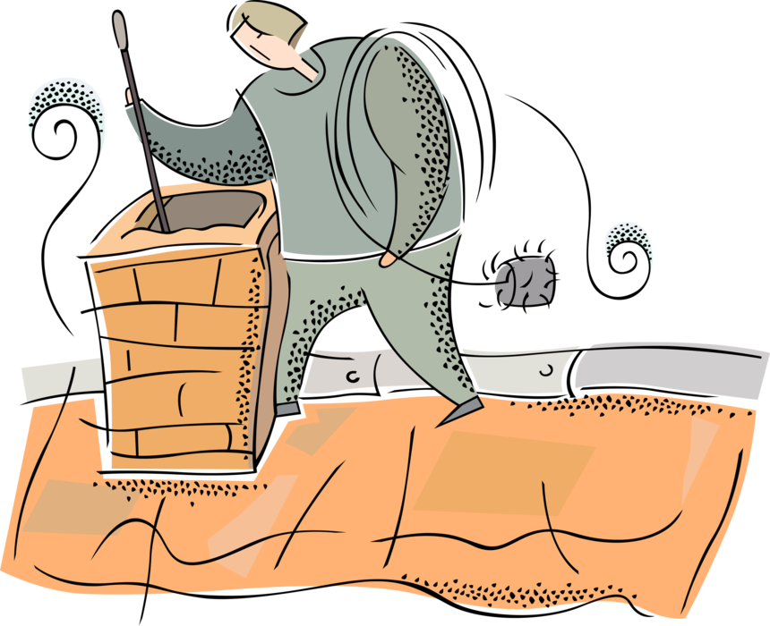 Vector Illustration of Handymen Chimney Sweep Worker Clears Ash and Soot from Chimneys 
