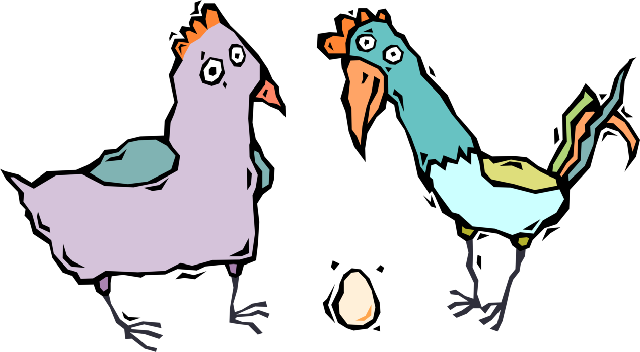 Vector Illustration of Domestic Farm Hen Bird and Rooster Watching Egg