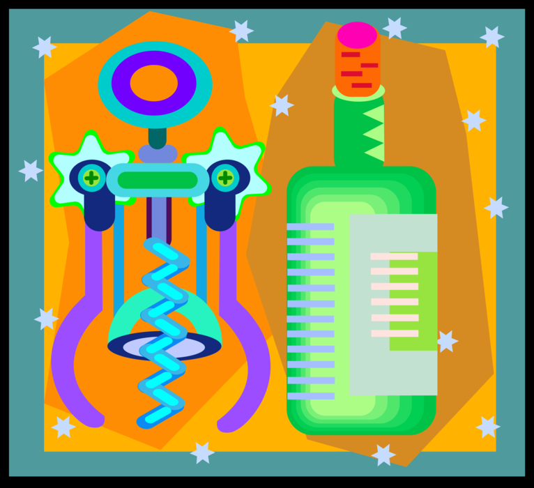 Vector Illustration of Wine Bottle Alcohol Beverage and Corkscrew
