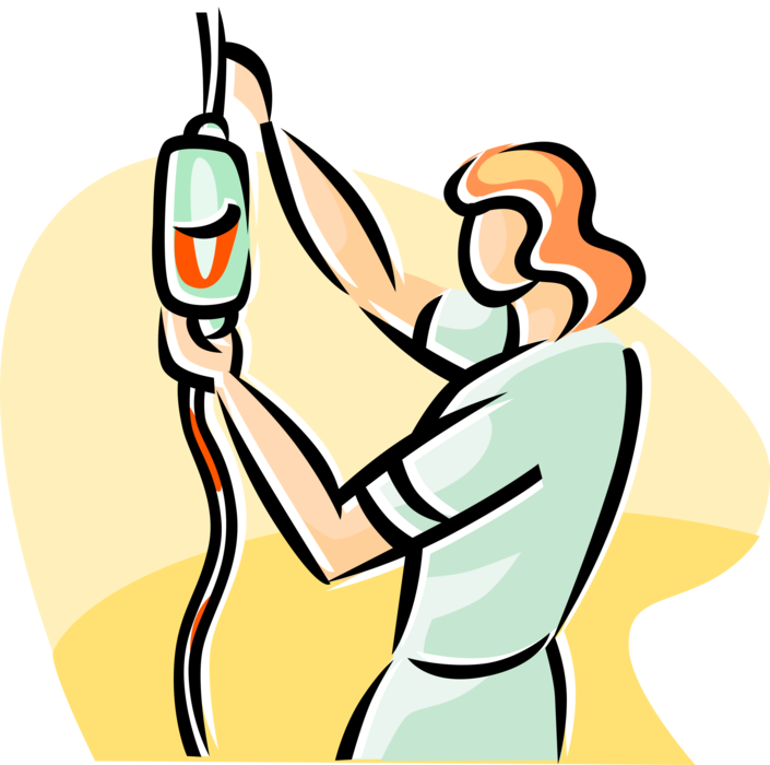 Vector Illustration of Health Care Nurse Replacing Medical Intravenous Therapy Transfusion, IV Drip