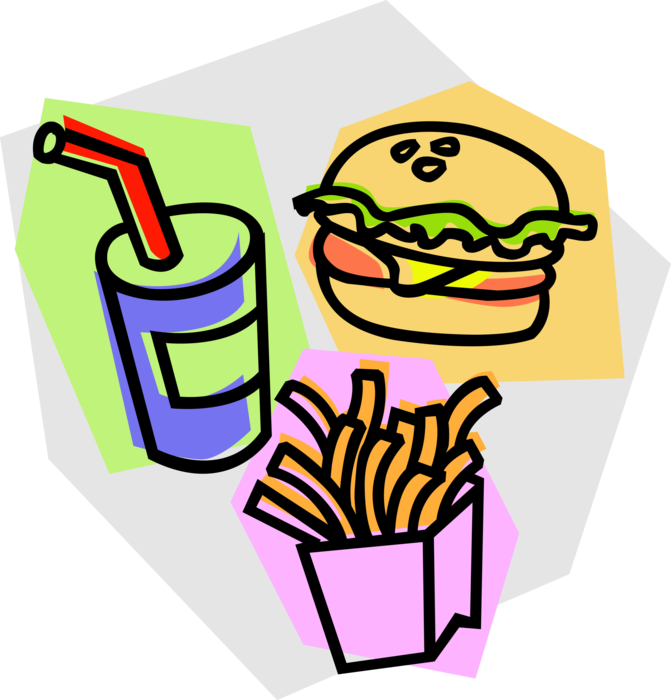 Vector Illustration of Fast Food Hamburger, French Fries, Soft Drink Soda with Drinking Straw