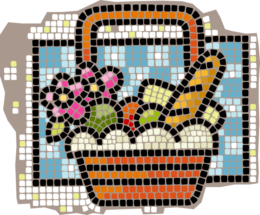Vector Illustration of Decorative Mosaic Picnic Basket or Picnic Hamper Holds Food and Tableware for Picnic