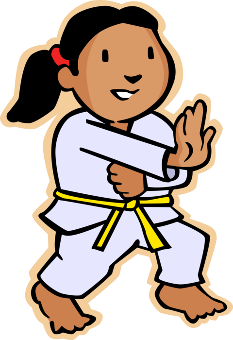 Vector Illustration of Primary or Elementary School Student Girl Studies Martial Arts with Yellow Belt