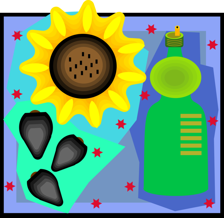 Vector Illustration of Sunflower Seed Oil with Seeds and Flower