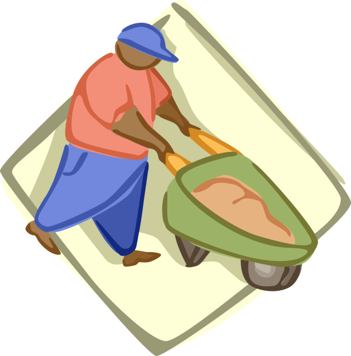 Vector Illustration of Construction Worker with Wheelbarrow Load of Sand