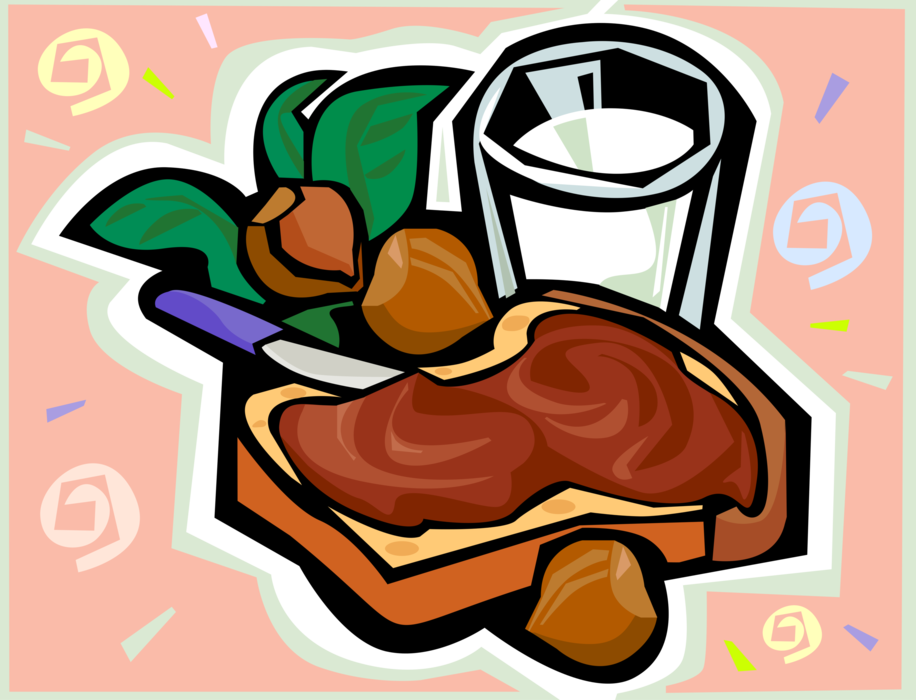 Vector Illustration of Slice of Bread with Nutella Style Chocolate Hazelnut Spread and Glass of Milk
