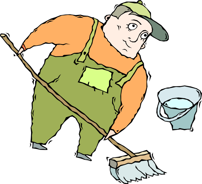 Vector Illustration of School Janitor Custodian with Mop and Pail Cleans the Floor