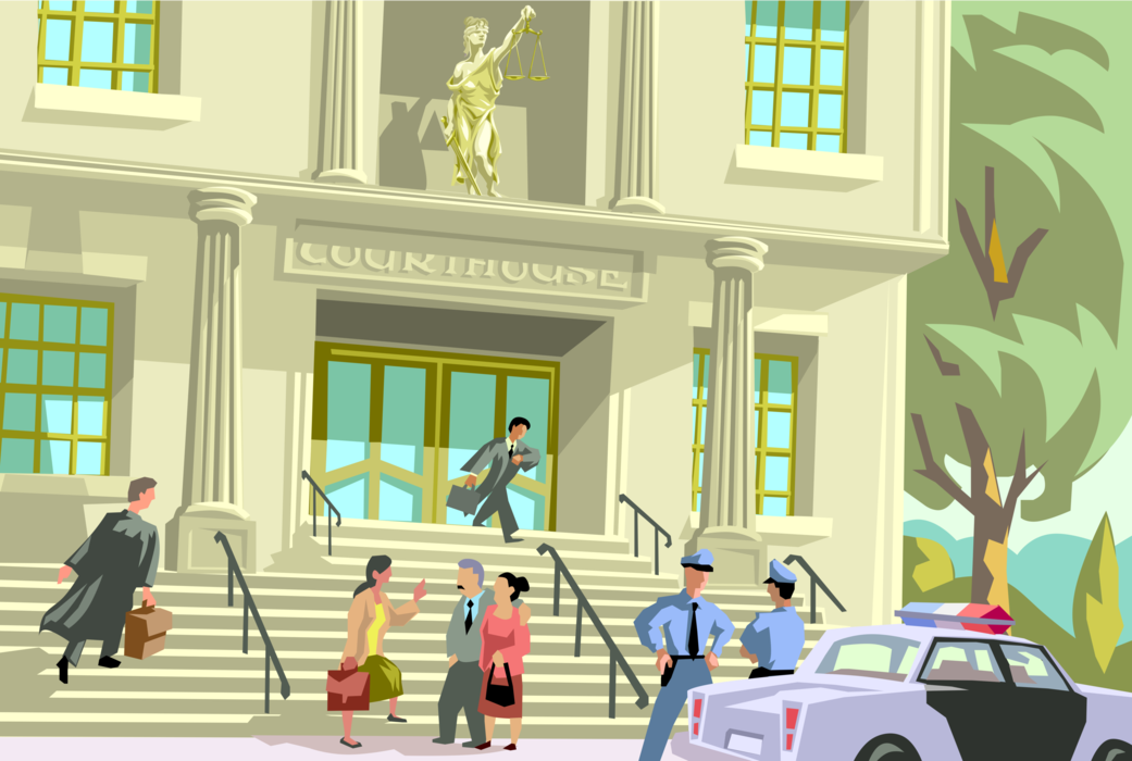 Vector Illustration of Law Court Lawyers and Police Officers on Courthouse Steps