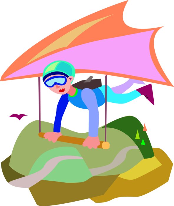 Vector Illustration of Hang Gliding Pilot Flies Hang Glider High Above the Ground