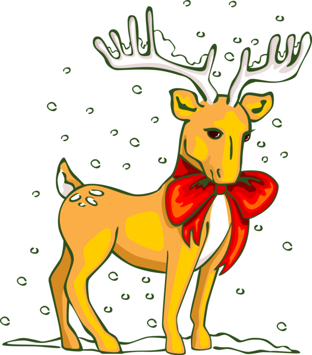 Vector Illustration of Reindeer in Winter Snow with Christmas Ribbon Bow