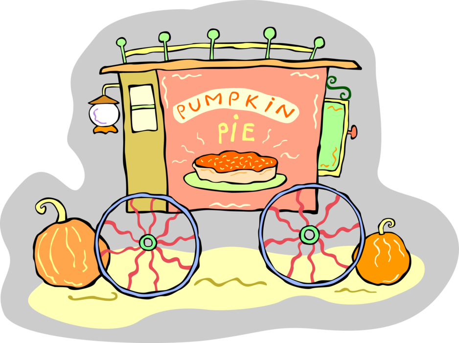 Vector Illustration of Vending Carriage on Wheels Sells Pumpkin Pie