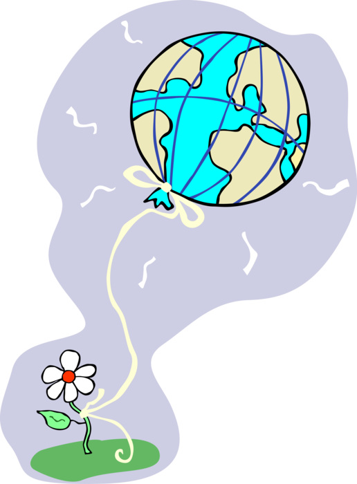 Vector Illustration of Planet Earth World Balloon Tied to Flower in Garden