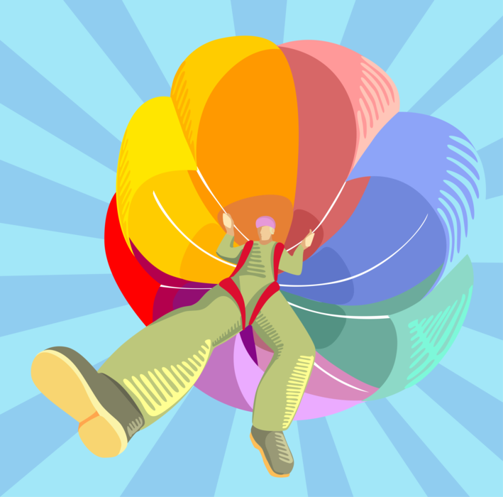 Vector Illustration of Parachutist Parachuting to Earth with Parachute