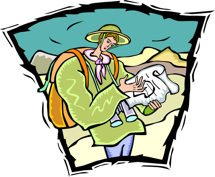 Vector Illustration of Hiker with Hiking Knapsack Uses Map for Directions