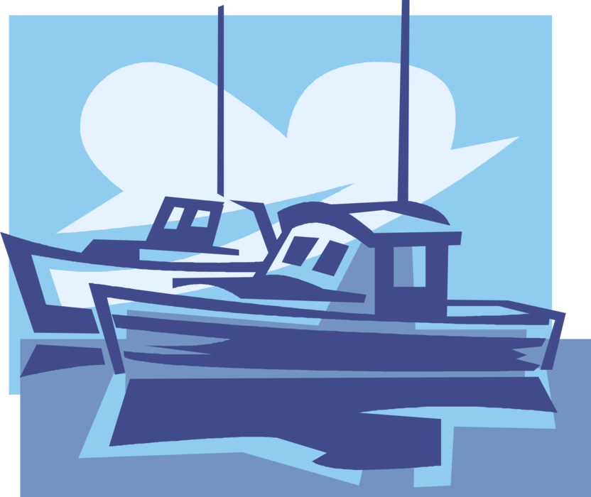 Vector Illustration of Fishing Boat Watercraft Vessels at Anchor in Harbor