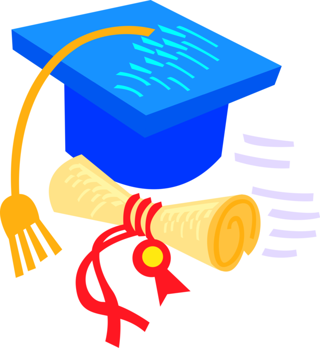 Vector Illustration of High School, College and University Graduation Mortarboard Cap and Diploma Certificate
