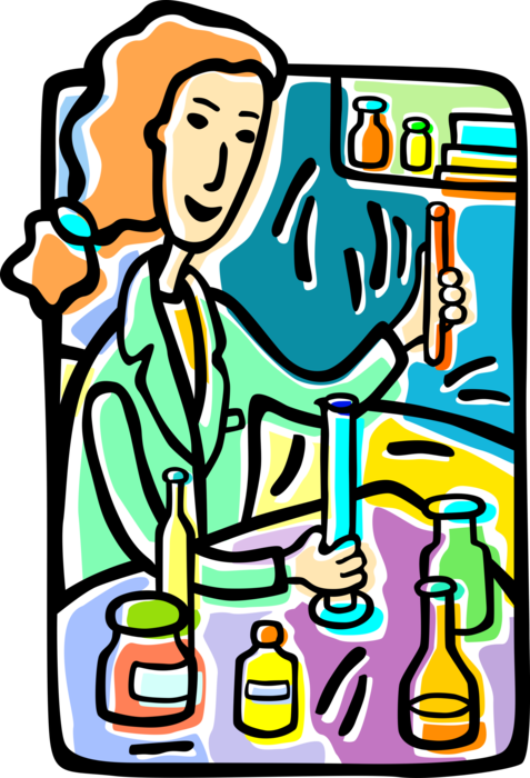 Vector Illustration of Research Chemist Scientist in Chemistry Laboratory with Glassware