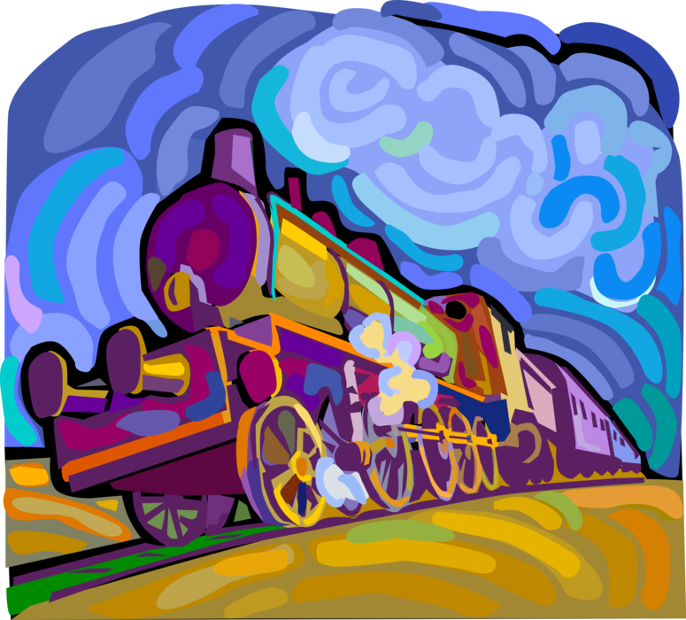 Vector Illustration of Rail Transport Speeding Steam Locomotive Railway Train