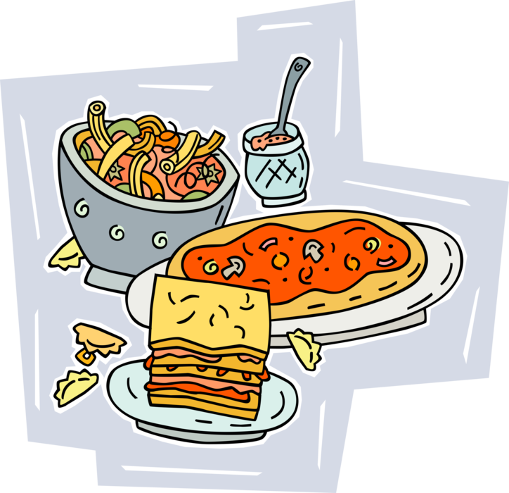Vector Illustration of Italian Cuisine Food Specialties Pizza and Salad with Lasagna
