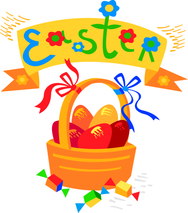 Vector Illustration of Easter Basket with Colored Eggs and Candy Treats Celebrate Resurrection of Jesus Christ