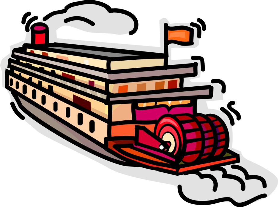 Vector Illustration of Mississippi Paddleboat or Paddle Steamship or Riverboat Powered Steam Engine