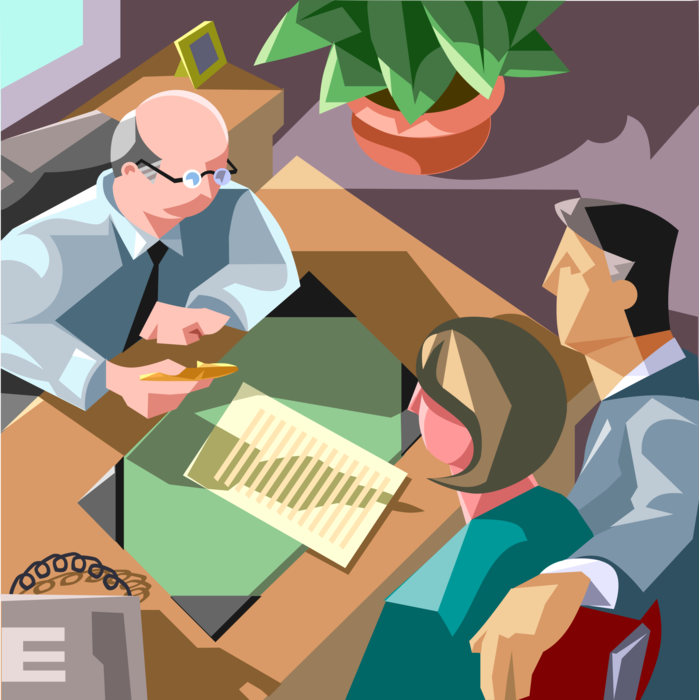 Vector Illustration of Lawyer's Office with Clients Signing Legal Documents
