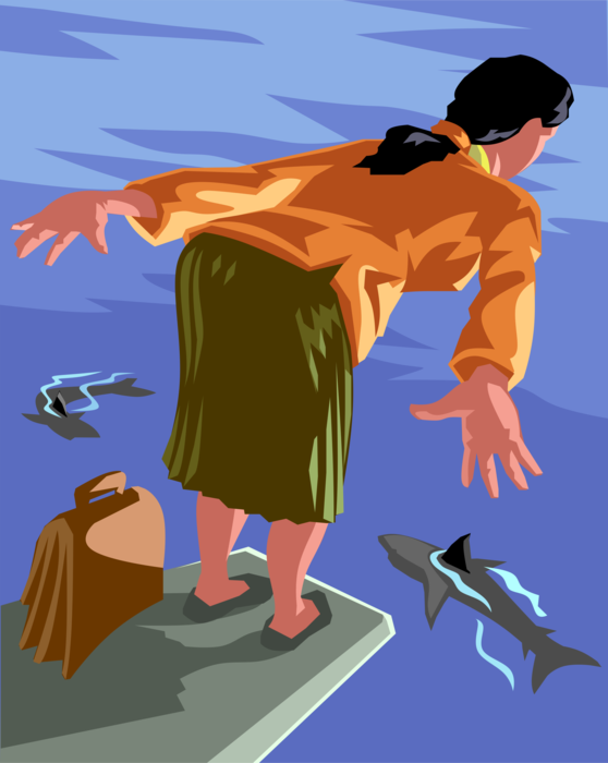 Vector Illustration of Businesswoman Prepares to Dive from High Diving Board into Shark Infested Water