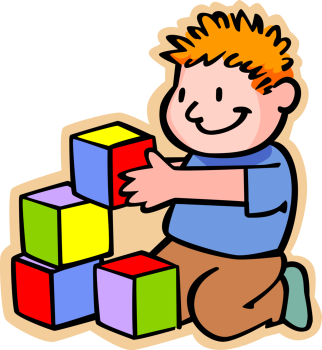 Vector Illustration of Primary or Elementary School Student Boy with Colored Building Blocks