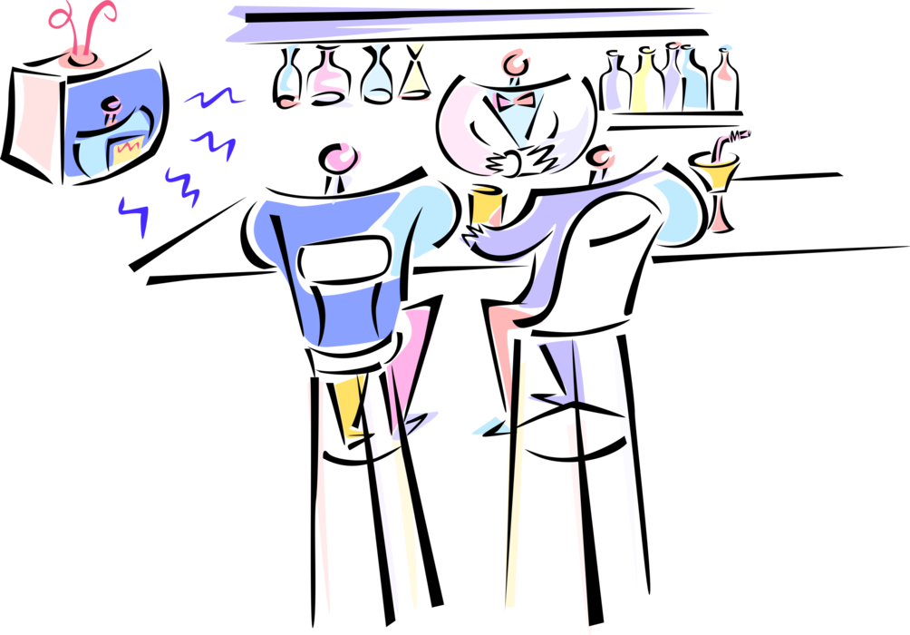 Vector Illustration of Barroom Bartender Serves Alcohol Beverages at Barroom Tavern with Patrons on Bar Stools