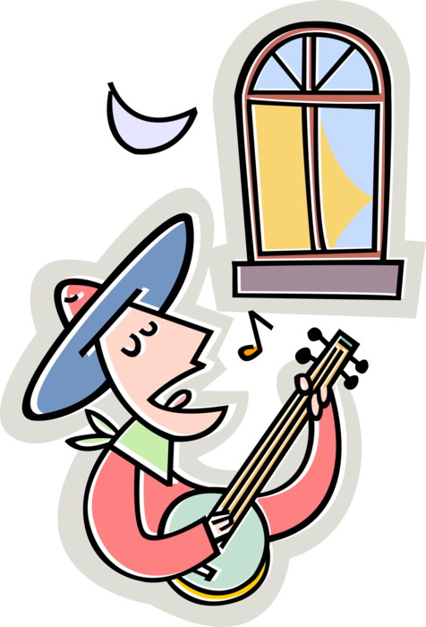 Vector Illustration of Musician Serenades on Banjo Musical Instrument Below Window