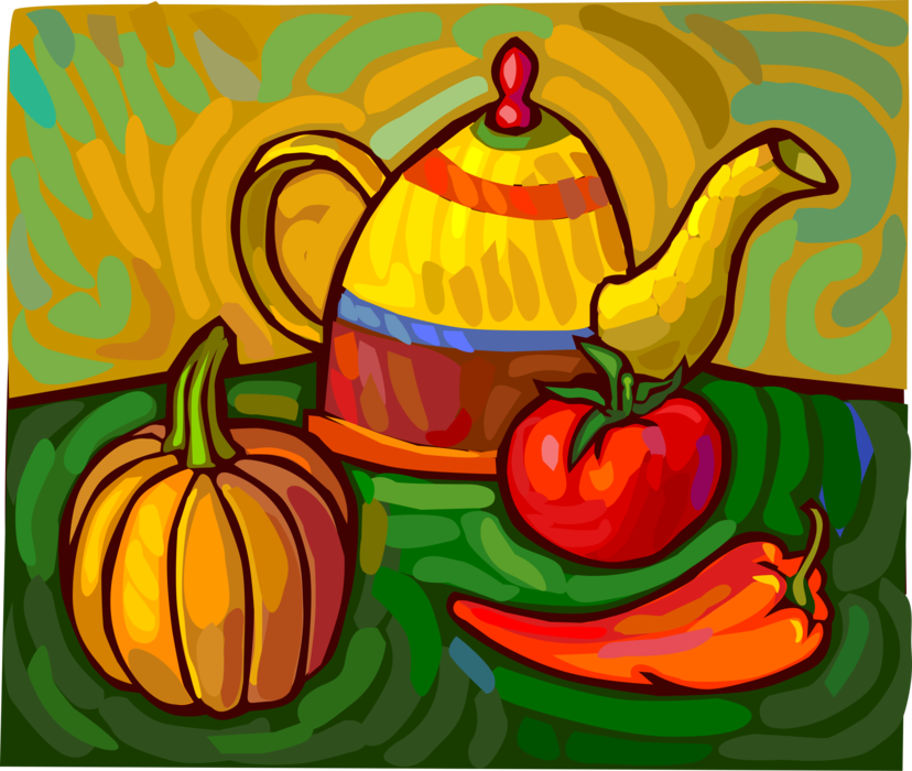 Vector Illustration of Teapot with Pumpkin Squash, Red Hot Chili Pepper and Tomato