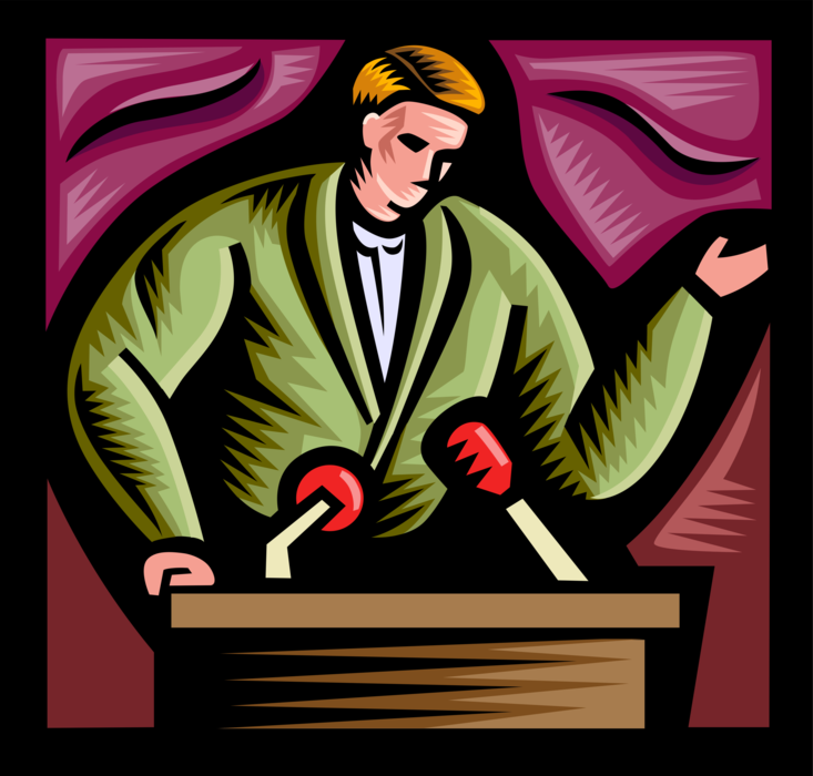 Vector Illustration of Businessman Speaking to Audience from Podium with Microphones