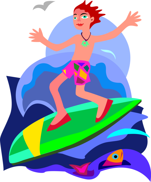 Vector Illustration of Surfer Surfing on Ocean Waves with Surfboard