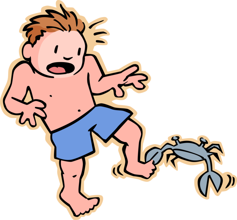 Vector Illustration of Primary or Elementary School Student Boy's Toe is Bitten at Beach by Decapod Crustacean Crab