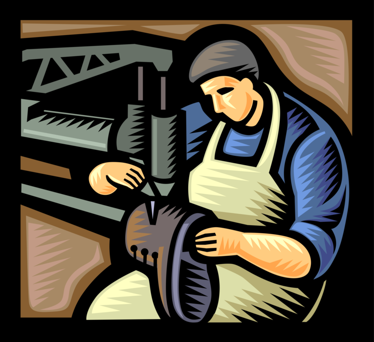 Vector Illustration of Cobbler Shoemaker Makes Footwear Boot Repairs with Sewing Machine
